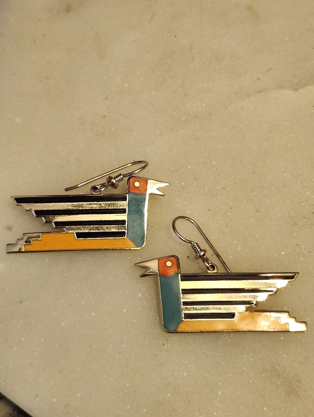 Vtg 80's Laurel Burch Paloma Enameled  Geometric Bird Drop Earrings